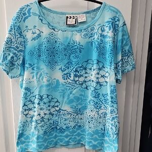 Take Two Aqua and White Patterned Short Sleeve Top